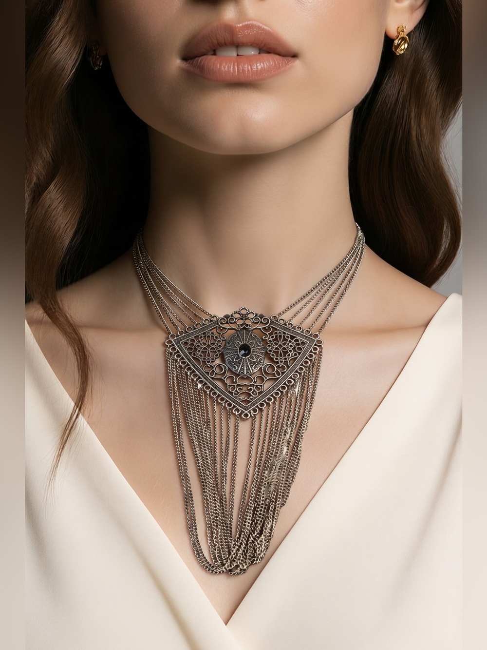 Boho Statement Multi-Strand Necklace w/ Ornate Filigree Triangle Pendant